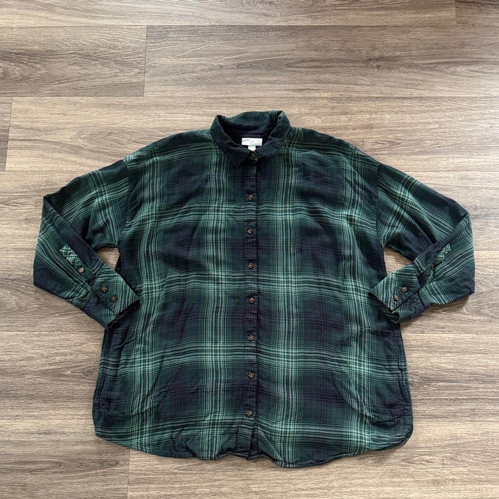 J. Jill Forest Check Women's Button Down Shirt with Pockets Size Large